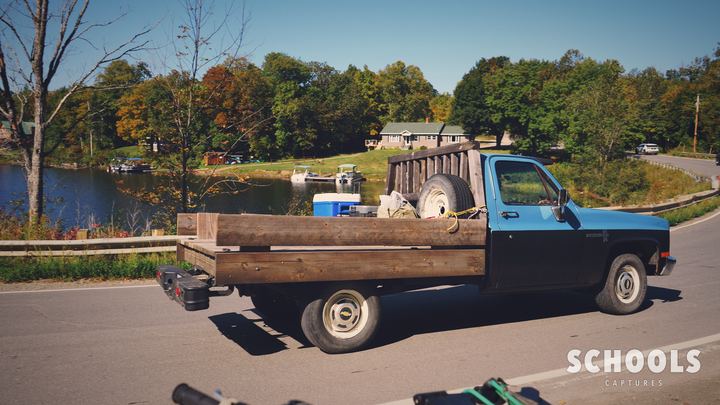 Blue flatbed with wood sides